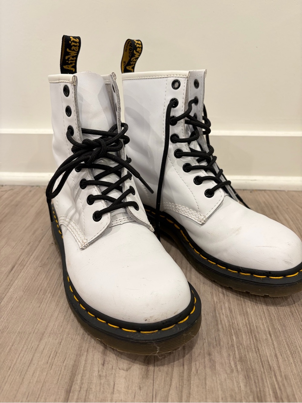 Dr. Martens White Leather 8-Eye Lace-Up Boots with Black Accents